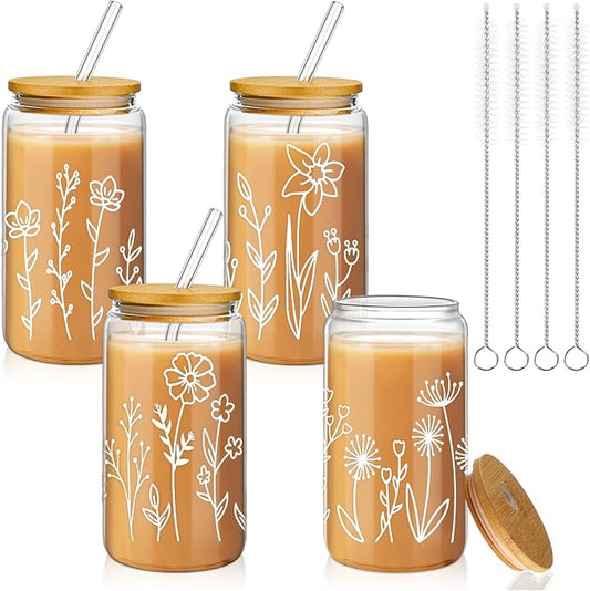 Mumufy 4 Pack Bridesmaid Gift Glass Cups, Cute Flower Mason Jars with Bamboo Lids & Straws, 16oz Iced Coffee Tumblers for Wedding, Bridal Party, Birthday, Mother's Day(Boho Floral)