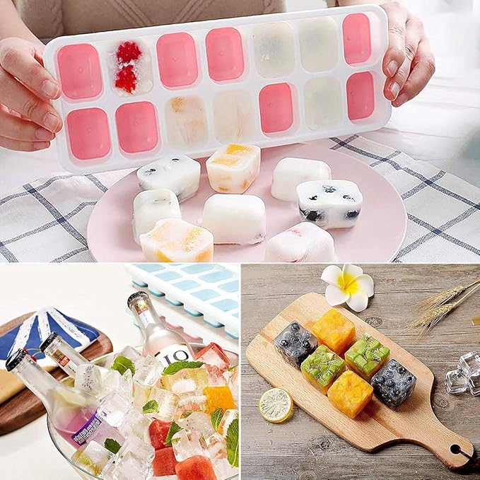 Ice Cube Trays 3 Pack, Silicone Easy-Release and Flexible 14-Ice Trays with Spill-Resistant Removable Lid, BPA Free, Durable and Dishwasher Safe