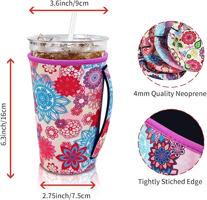 4Pack Reusable Iced Coffee Sleeve Insulator Sleeves for Cold Drinks Beverages, Neoprene Cup Holder With Handle for Most Coffee, Fits 30-32 Oz Large Cups, Mandala Flower with handle