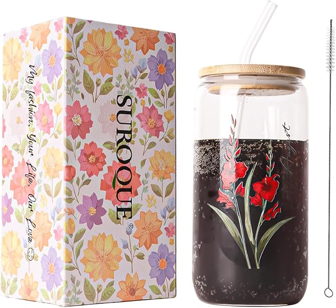 SUROQUE Birth Month Flower Iced Coffee Glass Cup 16oz Custom Tumbler Birthday Gifts Personalized Gifts for Women, Teachers, Bridesmaids, Birthdays, Mom, Valentines