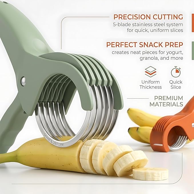 2PCS Banana Slicer,Strawberry Slicer,Grape Cutter,Multi-Functional Fruit Slicer,Cucumber Slicer,All-In-One Kitchen Gadget For Fruits& Vegetables Banana Sausages,Cucumbers,Strawberries,Grape(GREEN+RED)