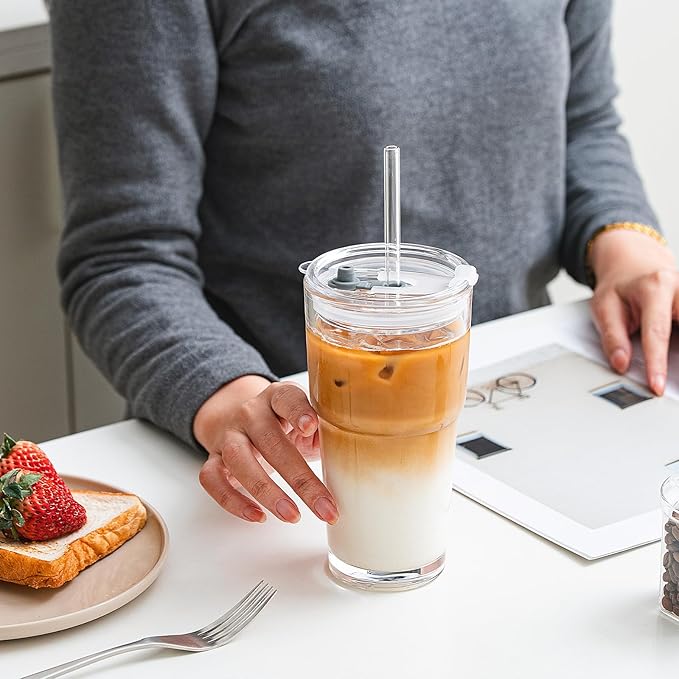 SoulTimes 20oz Glass Tumbler with Lid and Glass Straw –Set of 4, Clear Reusable Iced Coffee Cup, Drinking Glass for Coffee, Tea, Juice, Smoothies – Durable & Elegant Glassware