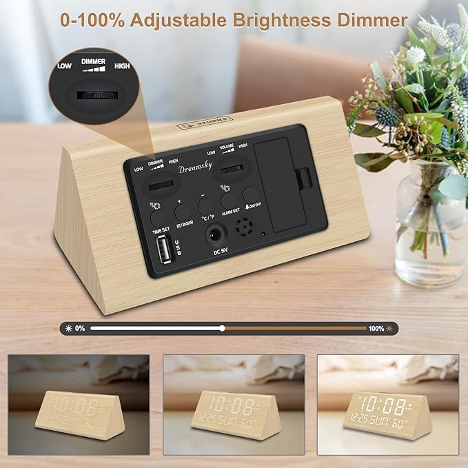 DreamSky Digital Alarm Clocks for Bedrooms - Wooden Desk Clock with Date, Day of Week, USB Port, Temperature, Dimmer for Bedside Table, Living Room, Office, Adjustable Volume, Auto DST, Wood Decor