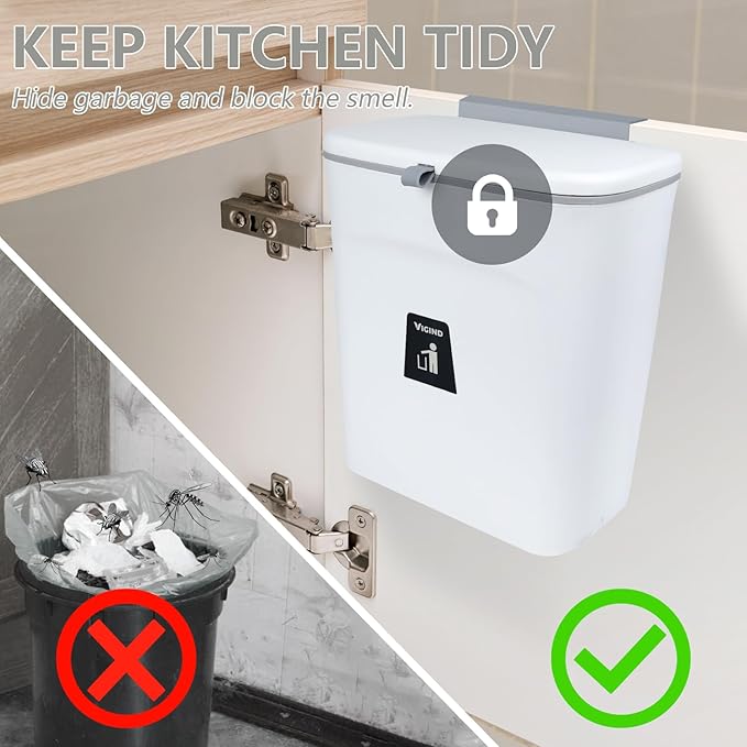 9L/2.4 Gallon Hanging Trash Can for Kitchen Cabinet Door with Lid, Small Under Sink Garbage Can,Trash Bin for Bathroom,Wall Mounted Counter Waste Kitchen Compost Bin,Plastic (White)