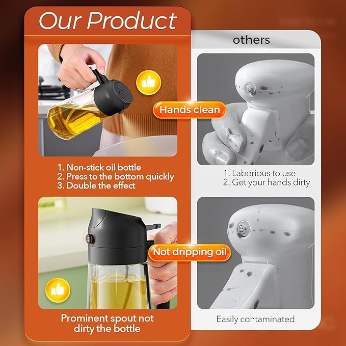 16oz/470ml Glass Olive Oil Sprayer for Cooking - 2 in 1 Olive Oil Dispenser for Kitchen Gadgets, Air Fryer, Salad, and BBQ (beige)