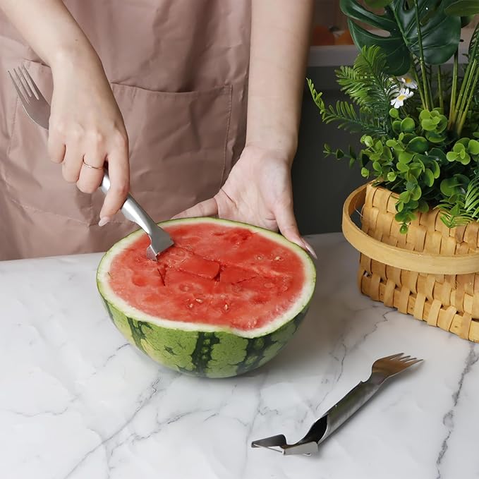KAYCROWN Stainless Steel Watermelon Fork Slicer, 2-in-1 Quick Cutting Dual Head Watermelon Cutter Fork, Portable Hanging Fruit Forks Slicer for Home Party Camping Kitchen Practical Gadget, Pack of 2