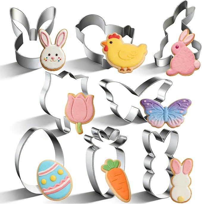 Easter Cookie Cutters Bunny Carrot Tulip Butterfly Chick Egg Biscuit for Kids DIY Lunchbox Bento Box Fruit Vegetable Sandwich Cutters for Children Boys Girls, Pack of 8