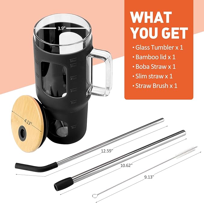WINSA Glass Tumbler with Lid, 32 oz Glass Cup with Handle, Glass Water Bottles with Time Marker, 2 Straws - Pearl Straw & Silicone Protective Sleeve - Black