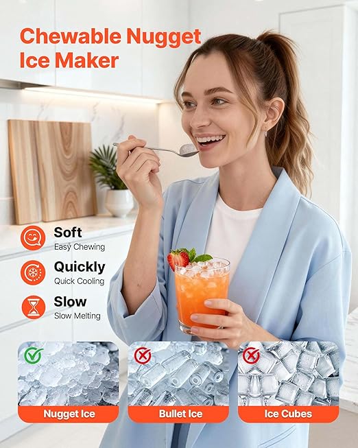 VEVOR Countertop Ice Maker, 44 lbs per Day, Self-Cleaning Portable Machine with Scoop, 4 lbs Ice-Storage Basket, Nugget Ice-Making Machine with Chewable ICES for Home, Kitchen, Office, Bar & Party