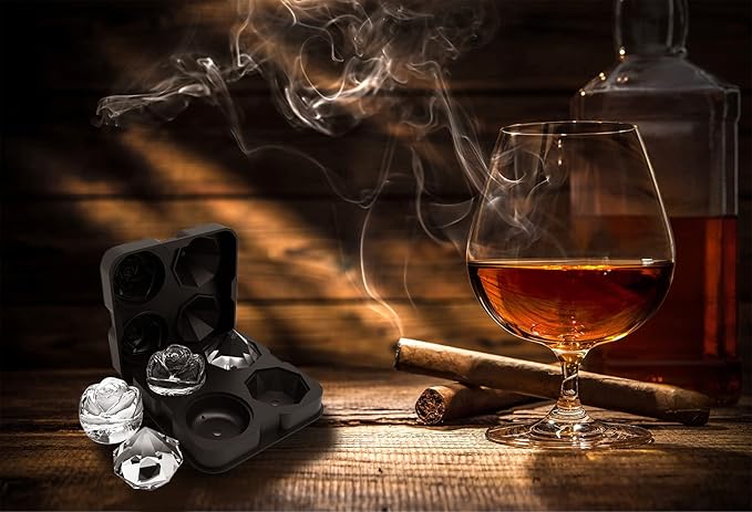 Ice Cube Tray, HANCELANT 2.5inch Ice Cube Molds, 2 Cavity Silicone Rose & 2 Diamond Ice Ball Maker, Easy Release Large Ice Cube Form for Chilling Cocktails, Whiskey, Bourbon & Homemade Juice (Black)