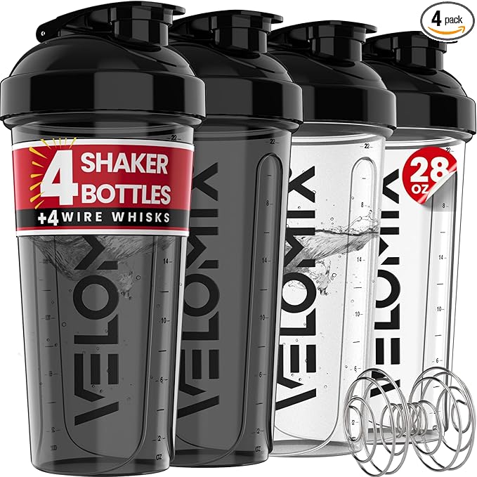 VELOMIX -4 PACK- 28 oz Protein Shaker Bottle for Protein Mixes - 4x Wire Whisk | Leak Proof Shaker Cups for Protein Shakes | Protein Shaker Bottle Pack | Protein Shake Cup (Clear Set)