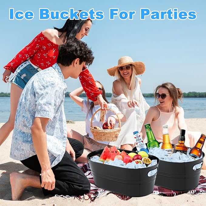 4Pcs 3 Gallon Black Galvanized Bucket Ice Bucket Large Metal Drink Buckets for Parties Beer Beverage Tub with Scoops for Champagne Cocktails Wine Cooling for Mimosa Bar Supplies