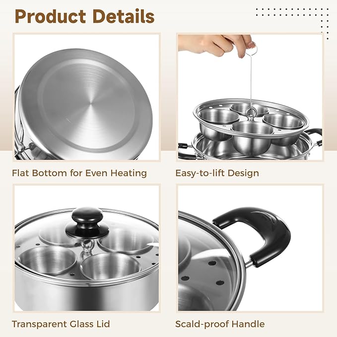 Egg Poacher Pan Nonstick 4 Eggs, Poached Egg Cooker, Poached Egg Pan, Stainless Steel Egg Poacher, Includes Stainless Steel Pot, 4 Cups, Silicone Brush & Spatula, Suitable for Multiple Stove Types (without coating)