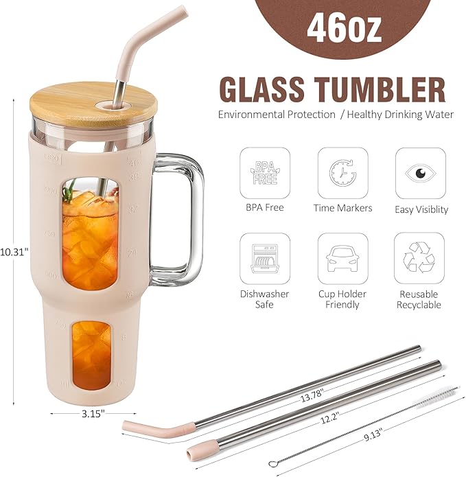 WINSA Glass Tumbler with Lid and Straw, 46 oz Iced Coffee Cup with Handle, Large Water Bottles with Silicone Sleeve, Glass Cup with Straws - Pearl Straw & Drinking Straw BPA Free-Amber