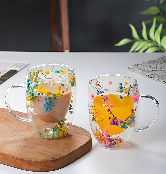 Double Walled Clear Glass Espresso Cups with Handle Cute Floral Latte Coffee Mugs for Women Unique Tea Mug Cappuccino Cups