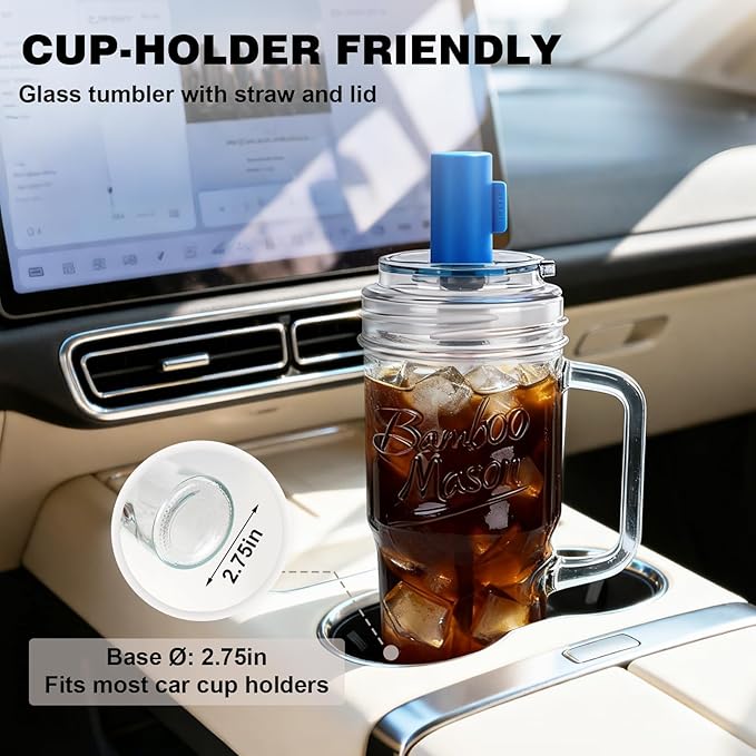 Anotion Mason Jar Cups with Lids and Straw, Leakproof 24oz Glass Tumbler with Handle, Leak-Proof Dustproof Cap, Self-Assembly Silicone Straw, Reusable Iced Coffee Matcha Cup Coffee Gifts for Women 4pc