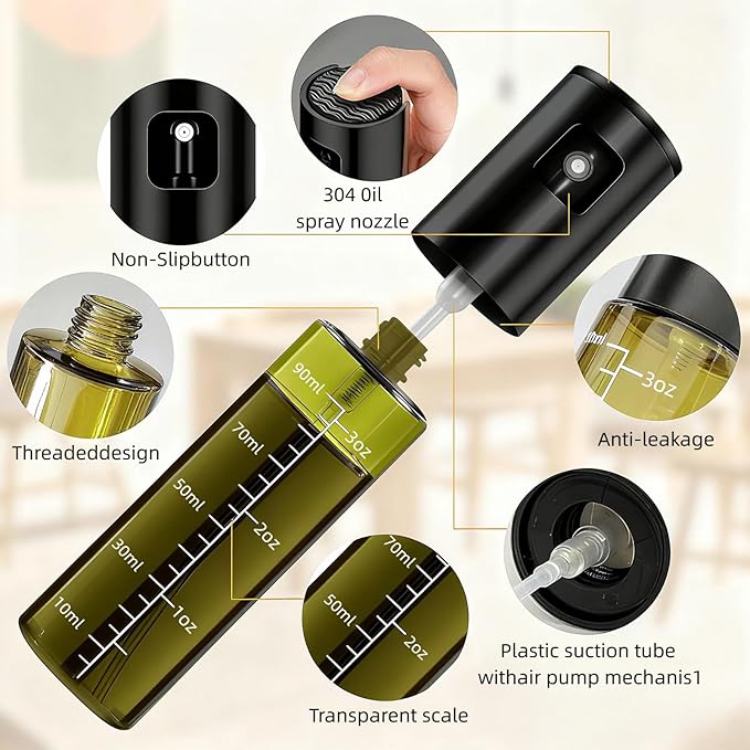 Cooking Oil Spray Bottle, Olive Oil and Avocado Oil Spray Bottle, 100ml Olive Oil Spray Bottle, Kitchen Tools, Air Fryer, Salad, Frying, Grilling (light-blocking glass)-Black