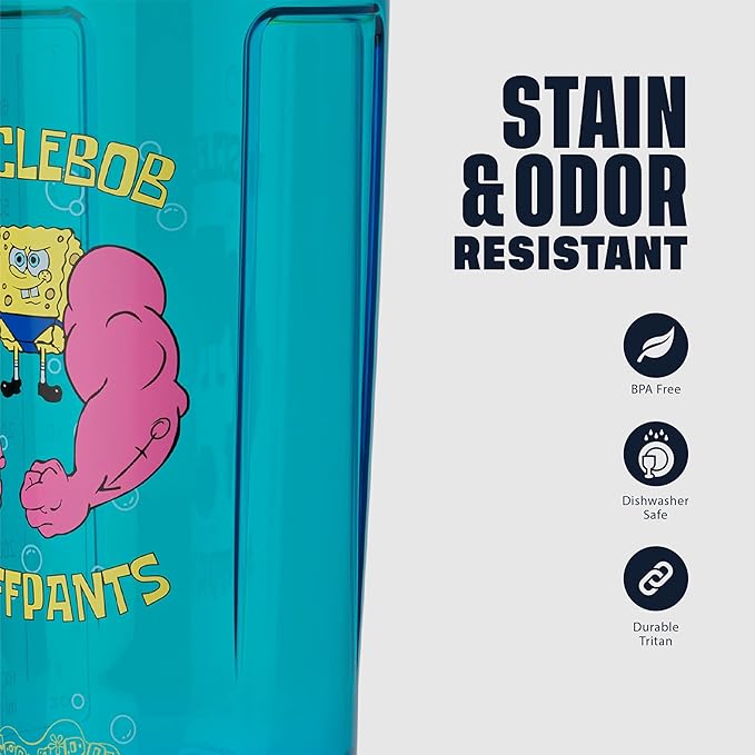 BlenderBottle Spongebob Shaker Bottle Pro Series Perfect for Protein Shakes and Pre Workout, 28-Ounce, Yellow/Blue, Musclebob Buffpants