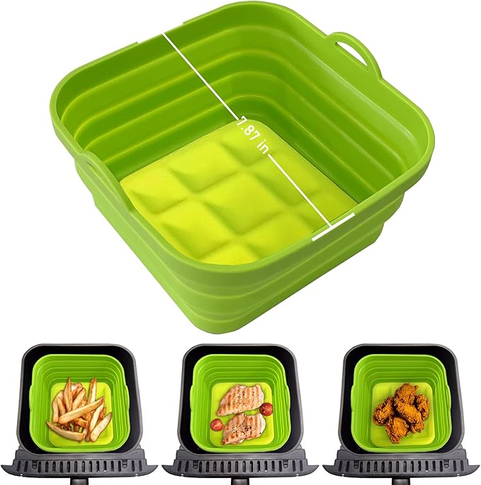 Air Fryer Liners Silicone Basket Reusable Air Fryer Pots for 5-9QT Air Fryer Foldable Easy to Clean Oven Accessories Green 7.87 Inch