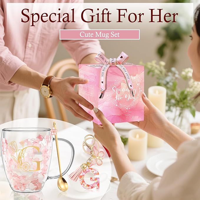 Personalized Gifts for Women Flower Glass Coffee Mug Initial Tea cup Monogrammed Customized Bridesmaid Bride Wedding Gifts Graduation Gifts Valentine Mother's Day Birthday Christmas Gift (G)
