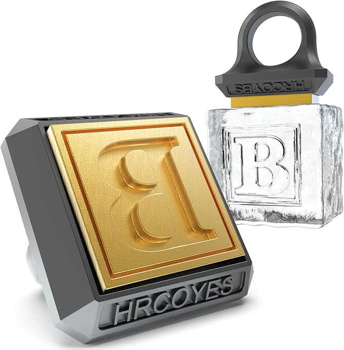 Square Ice Stamp Ring – 3 mm Brass Personalized Cube & Sphere Press, Ready-to-Gift Clear Acrylic Christmas Box, Custom Letter/Pattern Imprint for Whiskey & Cocktails (Letter B)