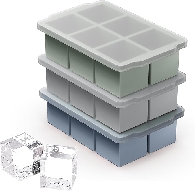VLM 3 Packs Large Ice Cube Molds with Stackable Lid,Silicone Ice Cube Tray for Freezer,Big Square Ice Tray for Whiskey,Cocktails,Bourbon and Soups (Set 4)