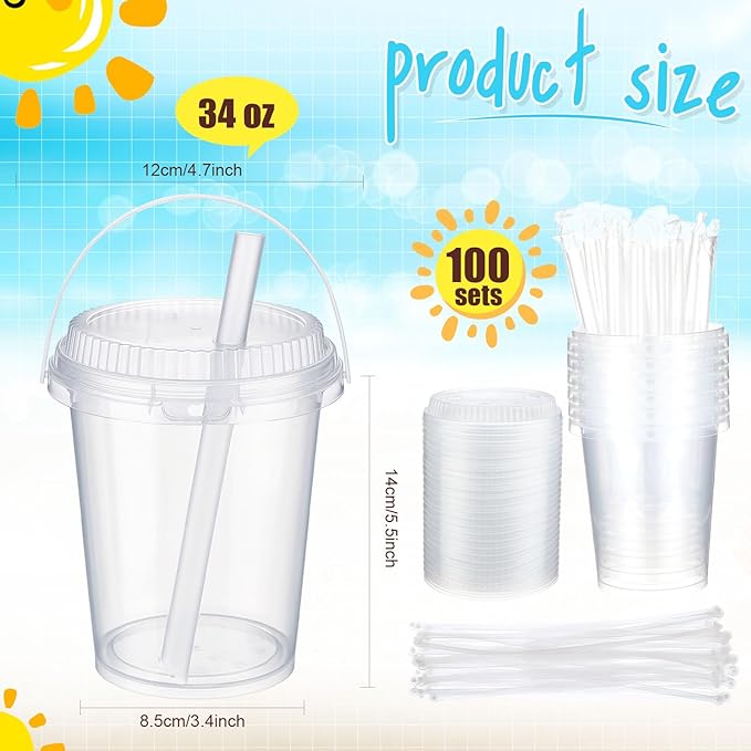 Funnymoom 100 Set 34 oz Clear Drink Buckets with Lids and Straws, Disposable Plastic Rum Cocktail Pails with Handles Large Smoothie Cups for Adult Bachelorette Party Supplies Beach & Catering Events