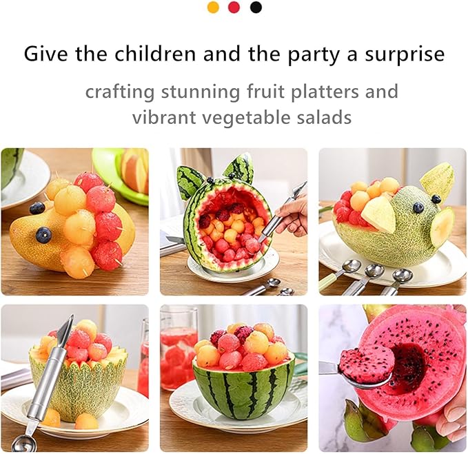 6 Pcs Stainless Steel Fruit Carving Knife Set, Kitchen Fruit Carving Knife, Watermelon and Ice Cream Scoop, 2-in-1 Dig Pulp Separator Fruit Peeling Tool, Crinkle Knife and Lemon Zester Grater