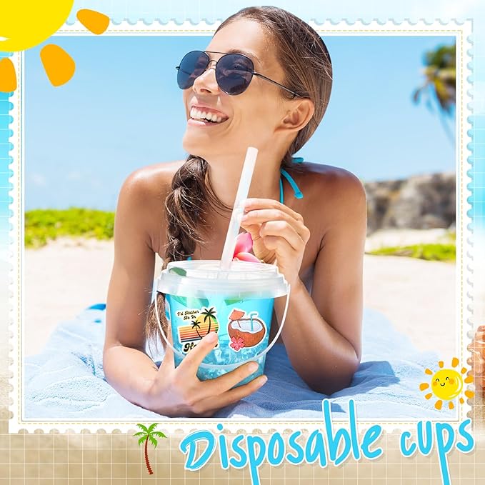 Funnymoom 30 Sets Clear Plastic Cups 24 oz Ice Cream Buckets with Lids & Straws Disposable Drink Cups Cocktail Pails Bulk with Handles and Stickers for Outdoor Beach Birthday Pool Party(Hawaii)