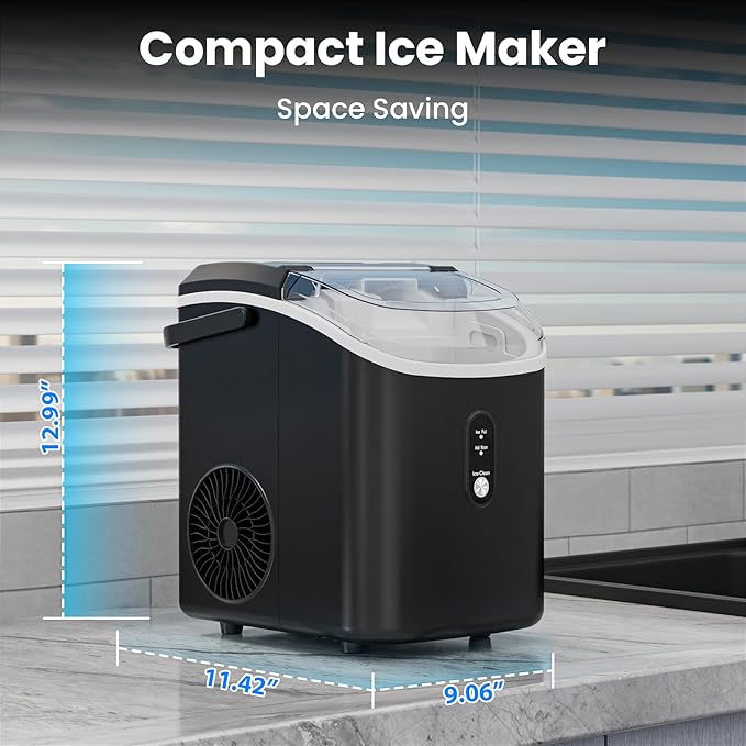 Antarctic Star Nugget Ice Makers Countertop with Self-Cleaning, 35lbs/24Hrs, Portable Crushed Ice Machine with Handle/Basket/Scoop for Home, Kitchen, Office, Camping(Black)
