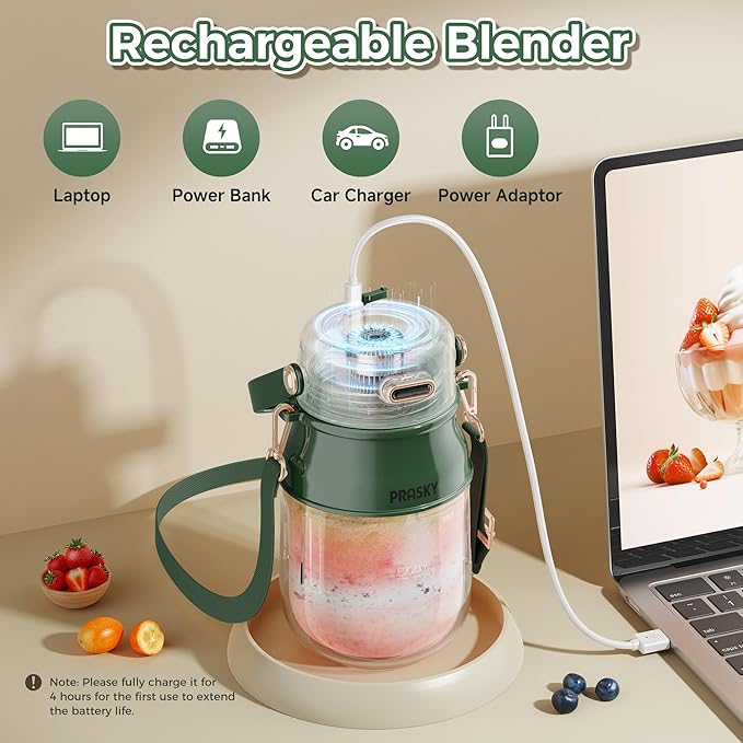 Portable Blender, Prasky Personal Blenders for Shakes and Smoothies with 27oz Cup, Lid and Shoulder Strap, Type-C USB Rechargeable, Personal Size Blenders BPA-free for Travel/Kitchen(Green)