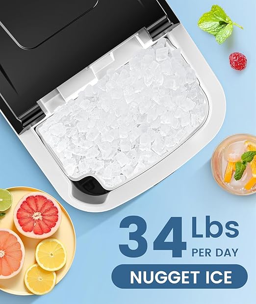 Antarctic Star Nugget Ice Maker Countertop,34Lbs/24H, One-Click Operation, Self-Cleaning, Ice Scoop&Ice Basket, Stainless Steel Pebble Ice Machine for Kitchen/Office/Bar (Steel Black)