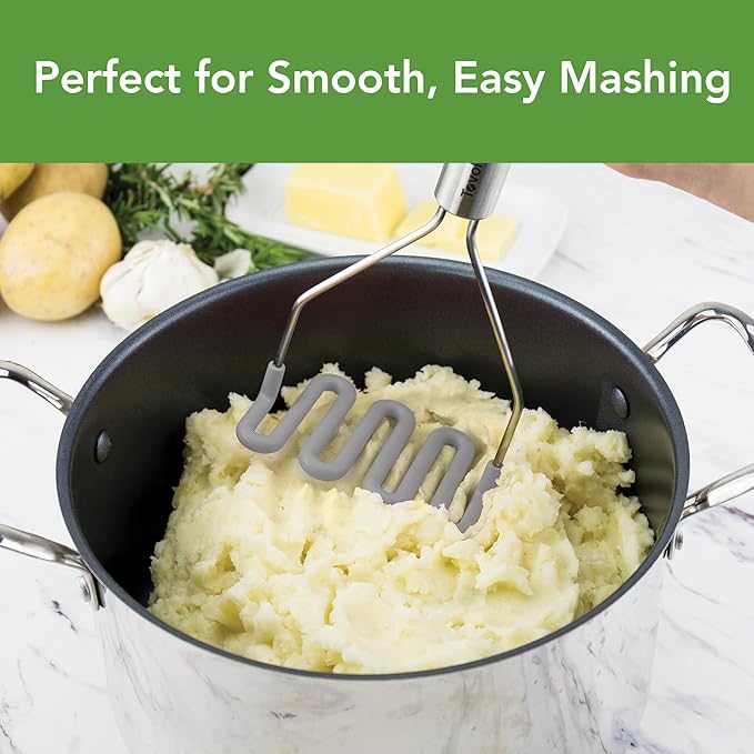 Tovolo Silicone Potato Masher Stainless Steel Handle Oyster Gray Dishwasher Safe Heat Resistant Non Scratch Handheld Coil Wire Potato Smasher for Nonstick Pans Ergonomic Kitchen Food Prep Tool