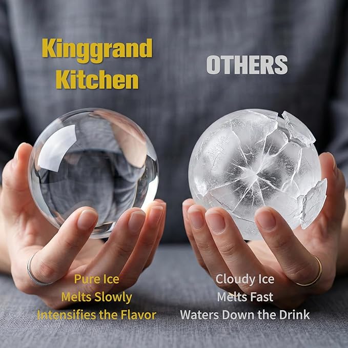 Clear Ice Cube Maker 2.5 Inch, Sphere Ice Ball Molds for Whiskey, Stainless Steel Clear Ice Mold with Non-BPA Silicone, Easy-Release Round Ice Cube Tray for Cocktails Bourbon (2 Pack, Gray)