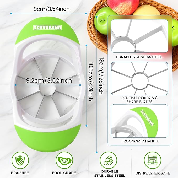 SCHVUBENR 3.5 Inch Apple Slicer with 8 Sharp Blades - Professional Apple Cutter - Stainless Steel Apple Corer - Super Sharp Apple Slicer and Corer - Slice Apple with Ease(Green)