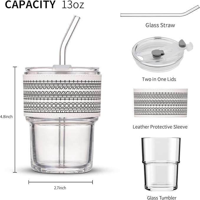 BLUEPOLAR 13oz/400ml Glass Water Tumbler with Straw and Lid Sealed Carry on Thick Wall Iced Coffee Cup for Water, Iced Tea, Fruit Juice