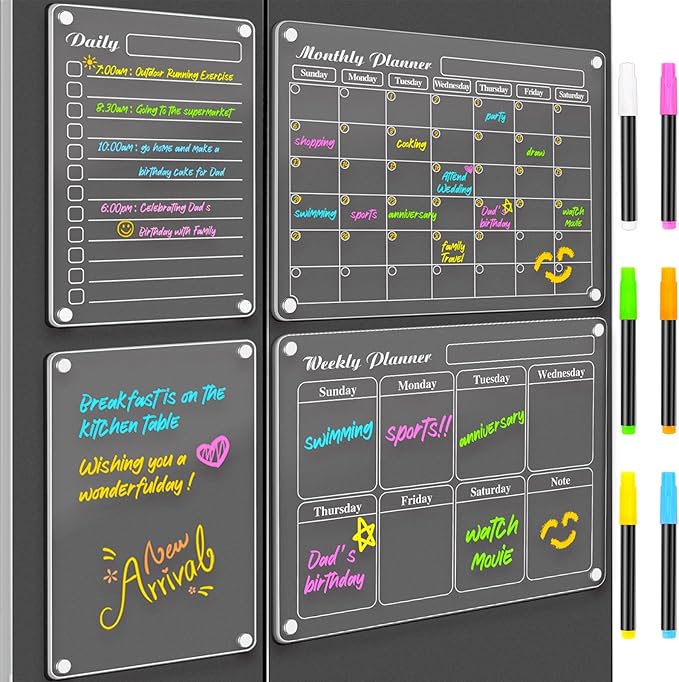 DIYMAG Magnetic Calendar for Refrigerator 4 PCS Dry Erase Whiteboard 15.2"x11.2" Magnet Fridge Wall Planners Planning Acrylic Clear Chalkboard Apartment Decor Meal Planner with 6 Colors Markers