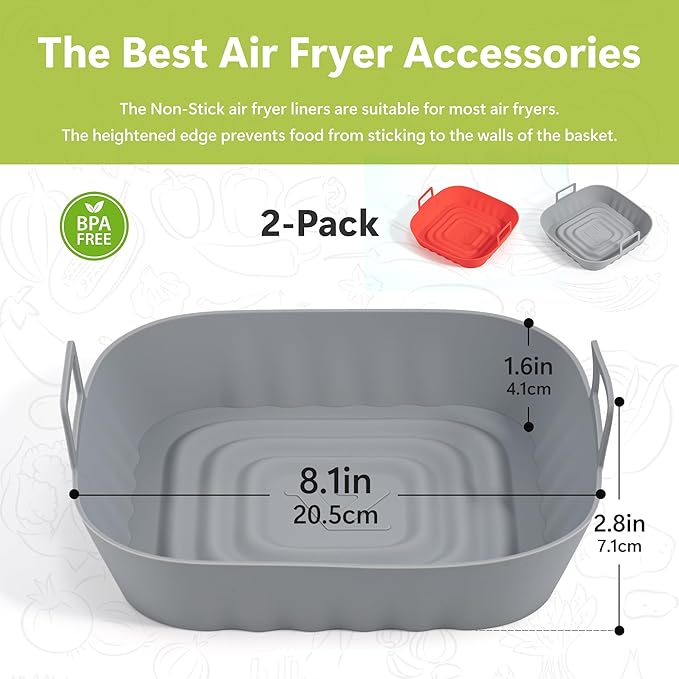 Li&Zhao Silicone Air Fryer Liners Reusable - 2 PCS Square Air Fryer Inserts Air Fryer Accessories 4 to 7 Qt Silicone Liners Basket for Kitchen (Red & Gray)