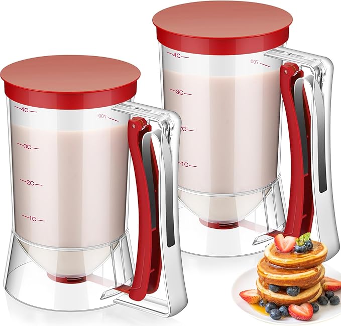 FillTouch 2 Pcs Cupcake Batter Dispenser Pancake Mix Dispenser 4 Cups with Squeeze Handle Tools for Pancake, Cupcake, Cookie, Cake, Waffles, Ice Cream Baking Gifts for Kitchen Housewarming (Red)