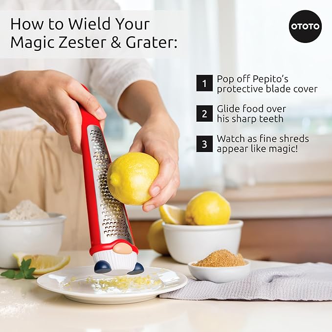 OTOTO Grater - Stainless Steel, BPA Free, Dishwasher Safe, Fun Kitchen Gadget, Vegetable Shredder, Cute Kitchen Gifts & Accessories (Pepito Gnome Grater, Red)