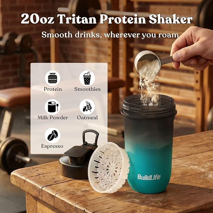 BuildLife Protein Shaker Bottle, 20oz Tritan Shaker Cup with Silent Mixing Grid – Lump Free Shakes 600ML for Pre Workout Protein & Smoothies, BPA-Free Leakproof Dishwasher Safe (BlackBlue+BlackOrange)