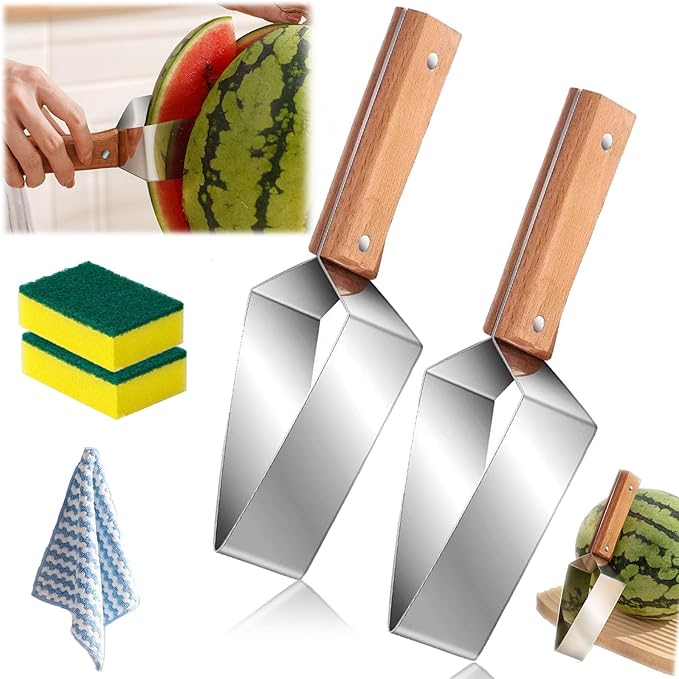 2026 Stainless Steel Watermelon Slicer, Wooden Handle Triangle Watermelon Cutter, Creative Stainless Steel Melon Slicer for Honeydew & Large Watermelons (2PC)