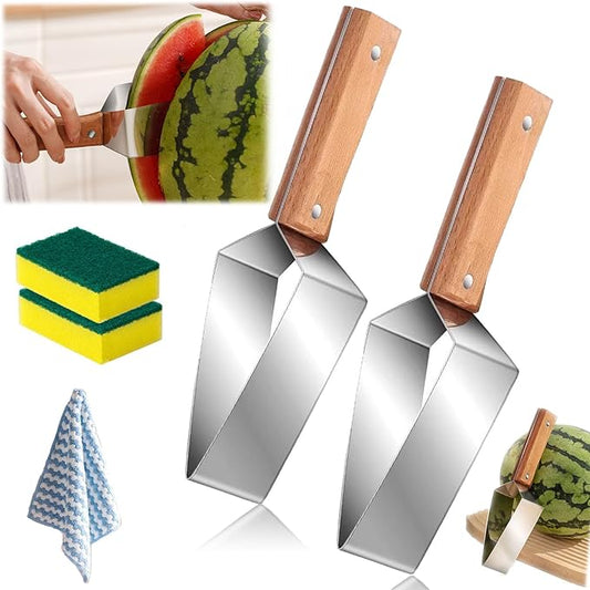 2026 Stainless Steel Watermelon Slicer, Wooden Handle Triangle Watermelon Cutter, Creative Stainless Steel Melon Slicer for Honeydew & Large Watermelons (2PC)