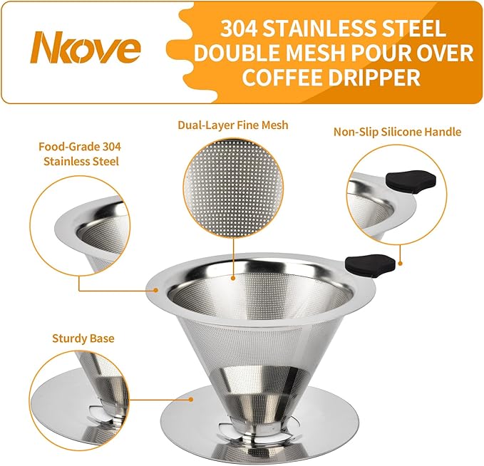 NKOVE Pour Over Coffee Dripper Stainless Steel Reusable Filter Paperless Cone Coffee Maker Dripper for 1-2 Cup