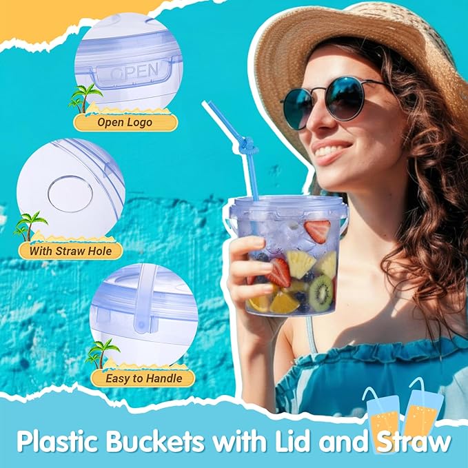 Funnymoom 24 Pack 32 oz Plastic Rum Buckets for Drinks with Straws Ice Cream Cocktail Bucket with Lids and Handles Reusable Food Containers Cup for Parties Summer Beach Bar Beer (Blue)
