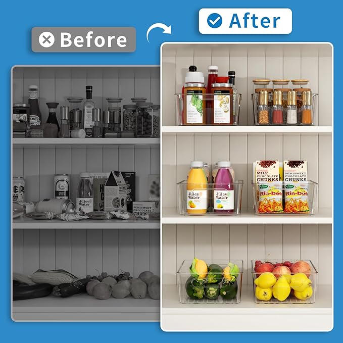 Mpotmiy Pantry Organizers and Storage , 8 Pack Snack Organizer for Pantry Shelf,Food Storage Bins with Divider,Clear Containers for Organizing,Transparent Plastic Basket,Refrigerator and Fridge Bins