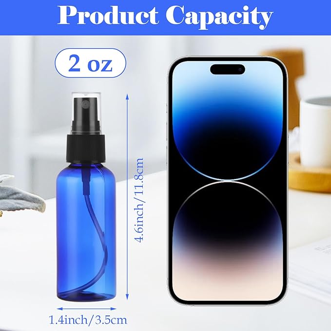 60 Pack Small Spray Bottle 2 oz Spray Bottle with Small Fine Mist Spray and Plastic Cap, Refillable for Essential Oils, Bath, Beauty, Hair & Cleaning(Blue)