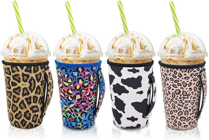 4Pack Reusable Iced Coffee Sleeve Insulator Sleeves for Cold Drinks Beverages, Neoprene Cup Holder for Most Coffee, Fits 22-24oz Medium Cups (Animal Pattern With Handle)