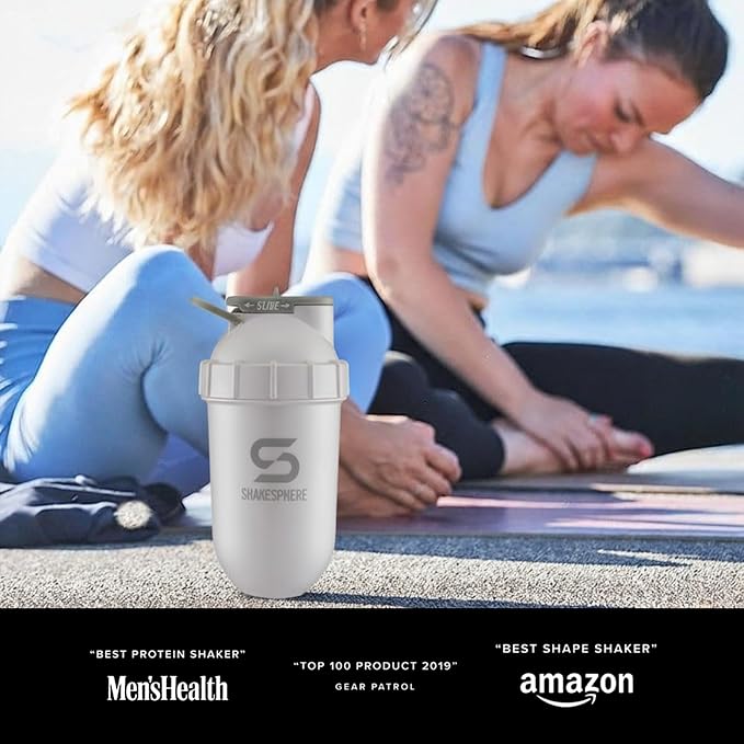 SHAKESPHERE Shaker Bottle - 24oz Leak Proof Protein Shaker Bottle for Pre Workout, Smoothie, and Powder Drink Mixes, No-Blade Mixer for Gym, BPA-Free, Easy Clean & Easy to Carry (Pearl White)