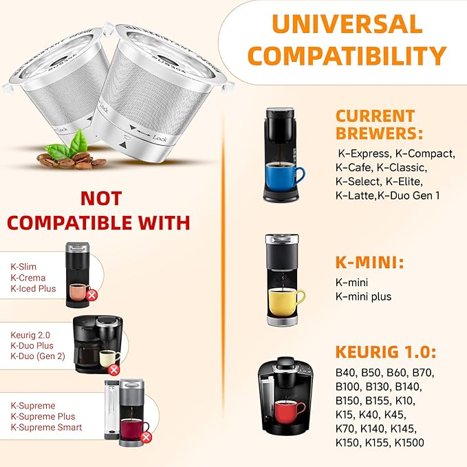 4 Pack Reusable K Cups for Keurig- All Stainless Steel Coffee Pods for Keurig 1 Prong Coffee Machine, No Seal Gasket, Non Plasic, Heat Safe, All in One Set